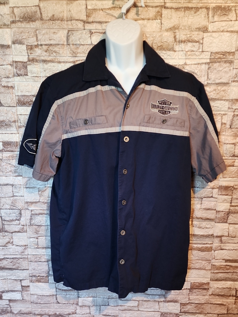 Harley-Davidson Short Sleeve Navy and Gray Button-Up Work Shirt